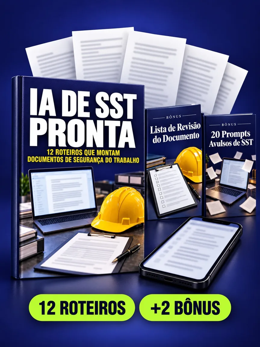 Montagem ilustrativa do IA de SST Pronta: livro com a capa, páginas do material e celular e capas dos bônus