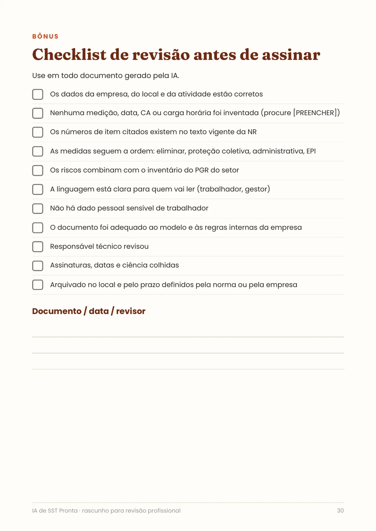 Página real do PDF IA de SST Pronta: lista de conferência da revisão