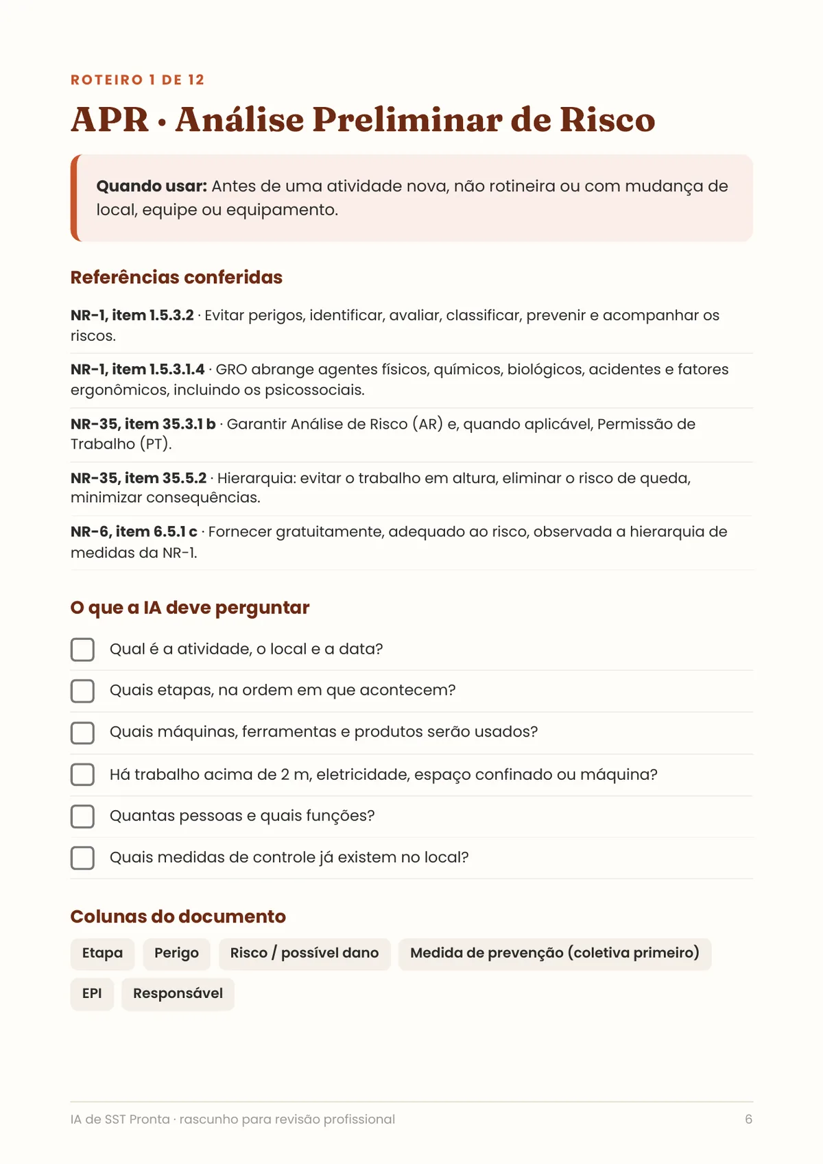 Página real do PDF IA de SST Pronta: roteiro da APR